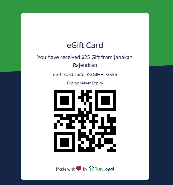Clicking on eGift card in email and in app, presents a QR image and a gift card code that can be applied at the check out by the RunLoyal portal user/staff.