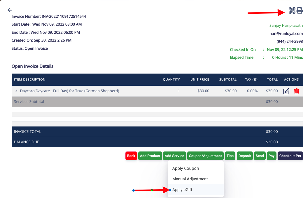 When a client brings the QR code or the eGiftCard code, it can be applied at an invoice in 2 ways either clicking on the QR code icon on top right corner to scan the QR code or by clicking Coupon/Adjustment --->Apply eGift button at the bottom menu