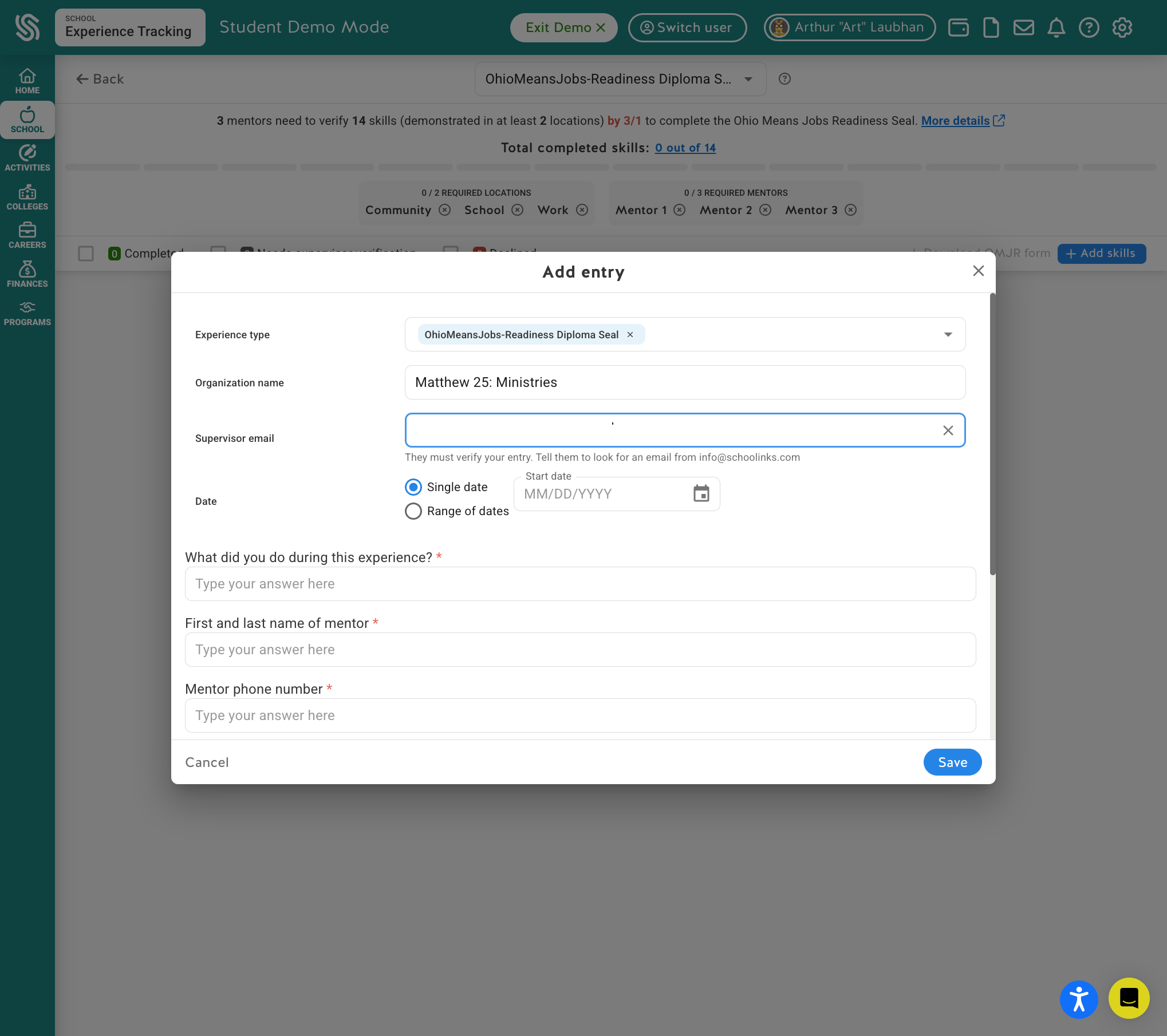 Type the email address for your mentor