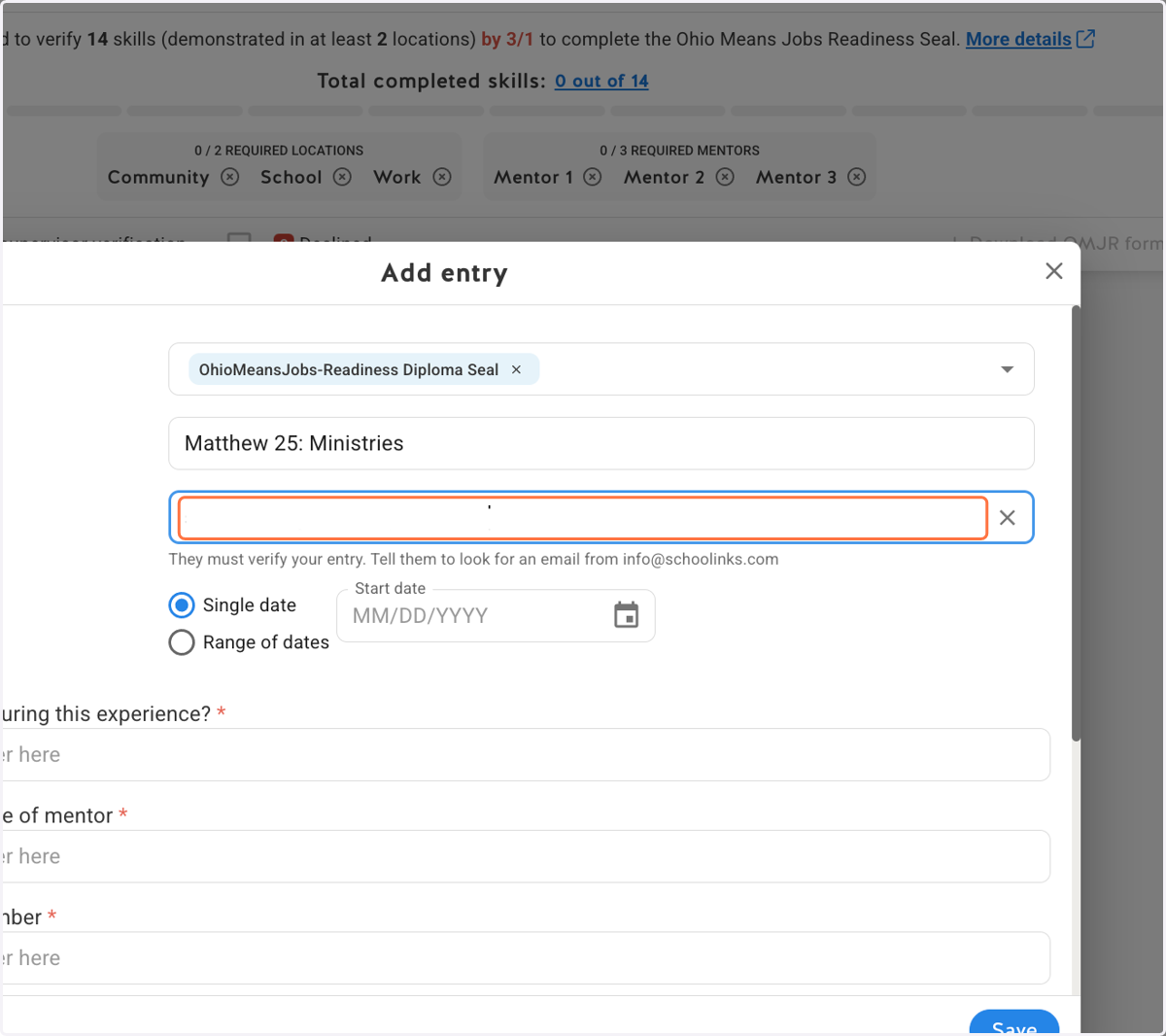 Type the email address for your mentor