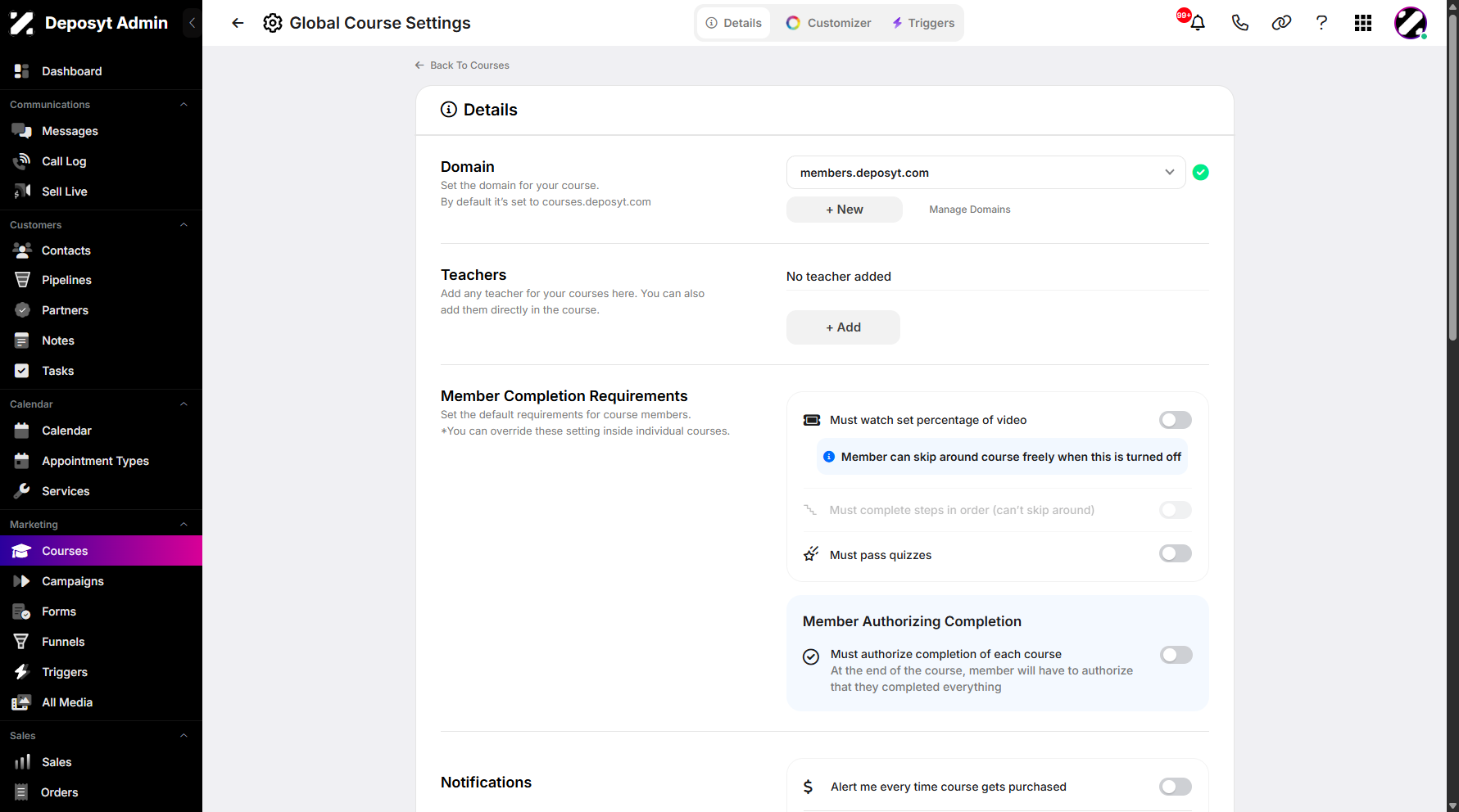 Step 4: You will then be taken to the Global Course Settings.