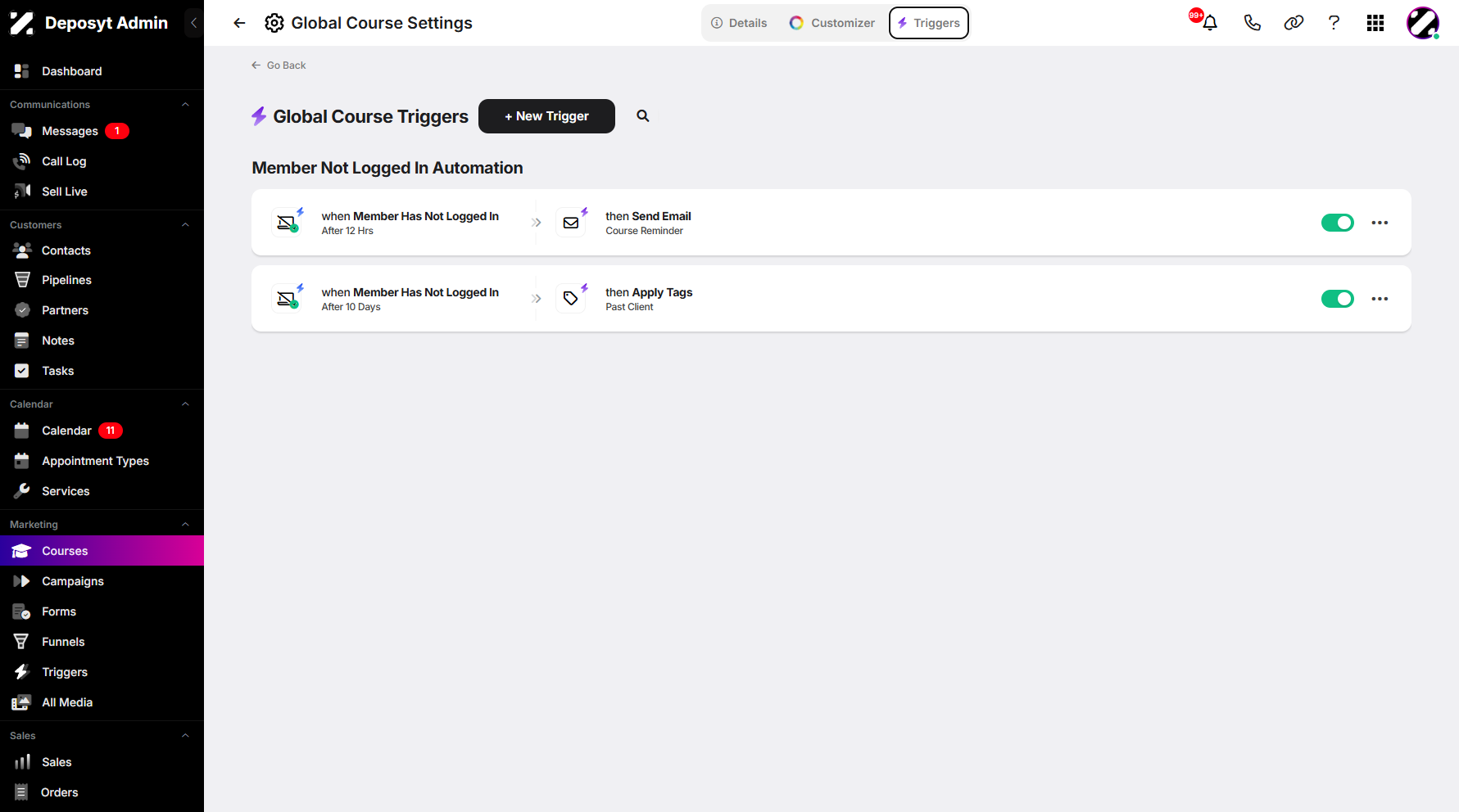 Step 6: You will then be taken to the Global Course Triggers page.
