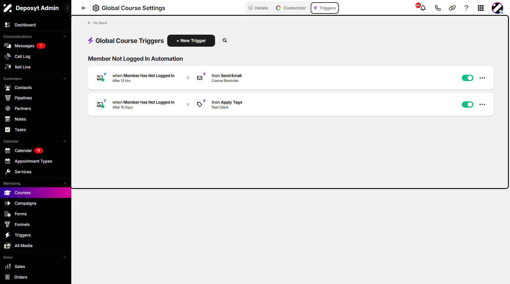 Step 6: You will then be taken to the Global Course Triggers page.