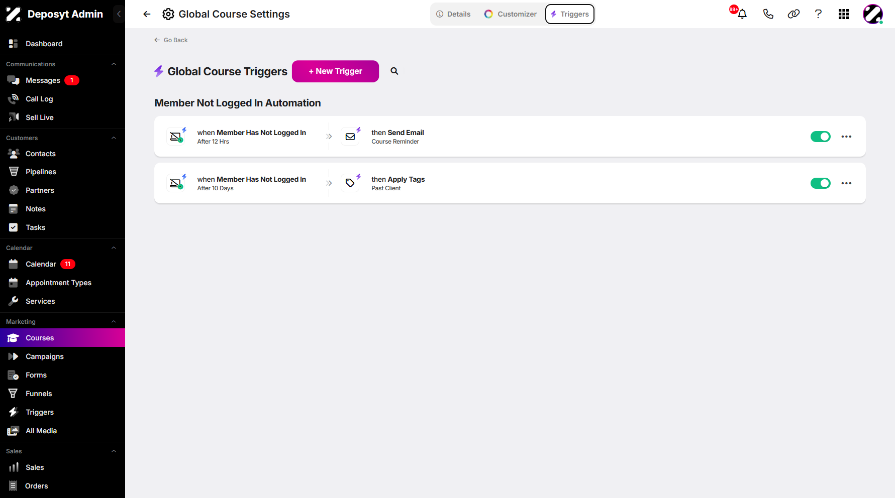 Step 7: Click '+ New Trigger' to create a trigger.