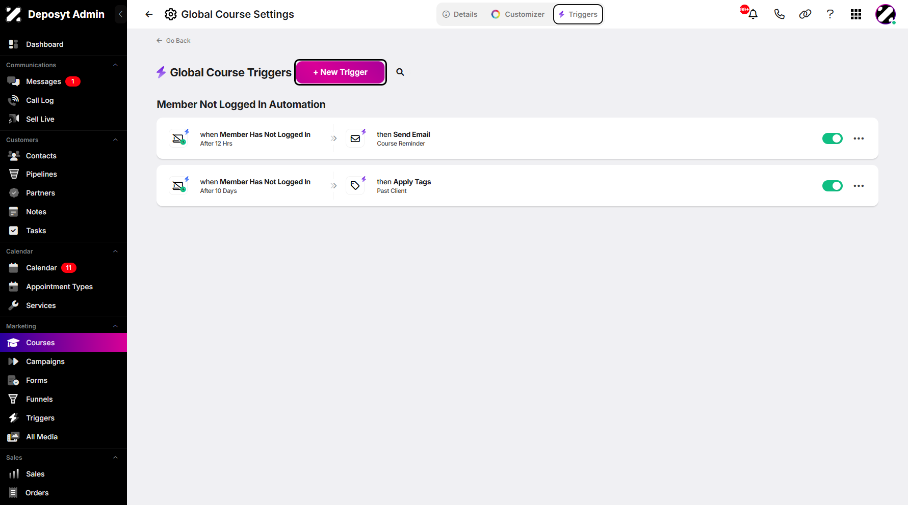 Step 7: Click '+ New Trigger' to create a trigger.