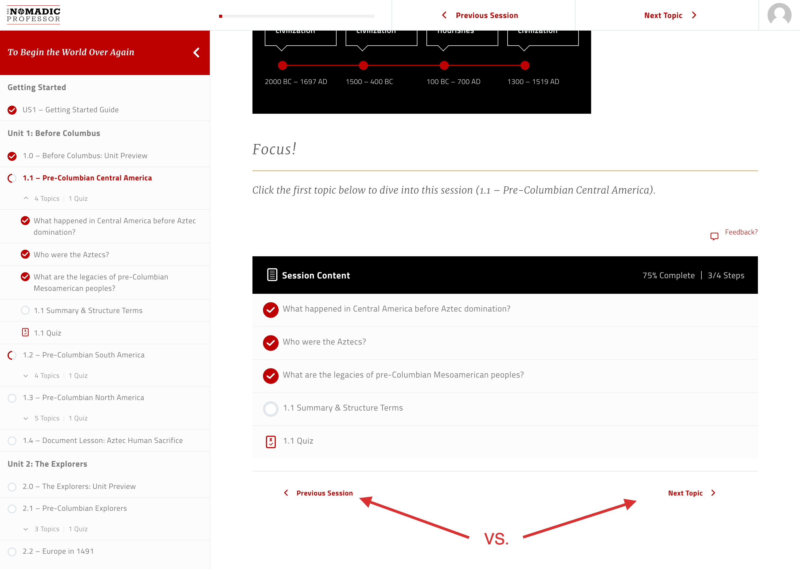 Be sure to note what these navigation arrows are pointing you towards: going to a new SESSION will skip topics and go to the next SESSION; going to a new TOPIC will keep you within a session, and move you to the next guiding question for the day