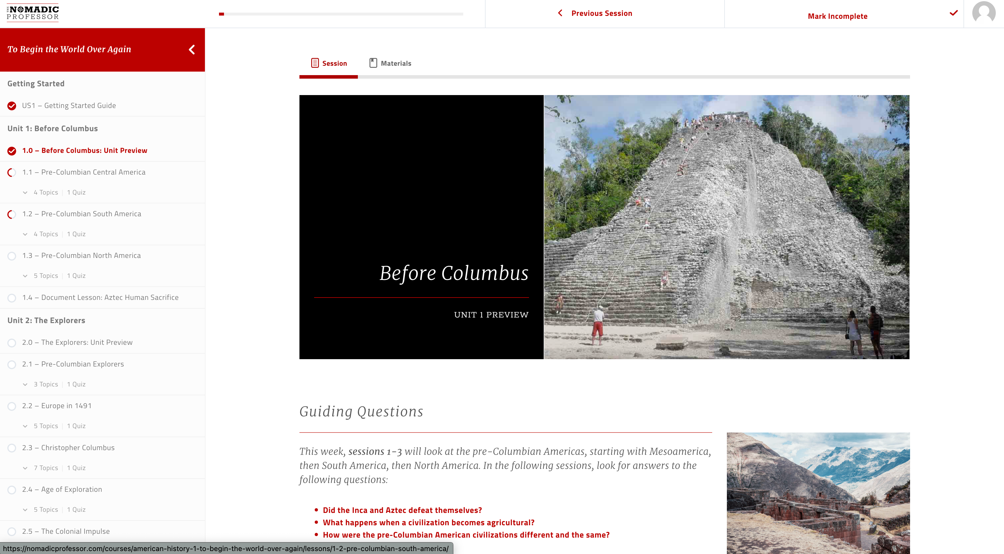 The X.0 pages are the UNIT preview pages, including guiding questions, timelines, maps, structure terms, and session summaries
