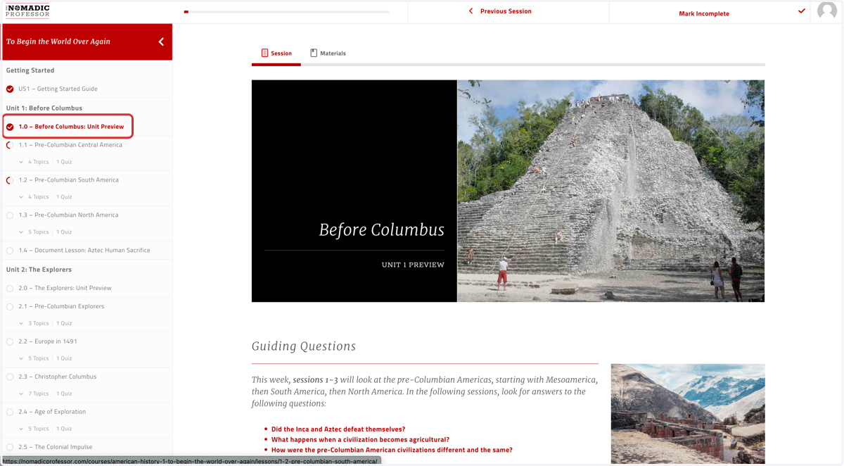 The X.0 pages are the UNIT preview pages, including guiding questions, timelines, maps, structure terms, and session summaries