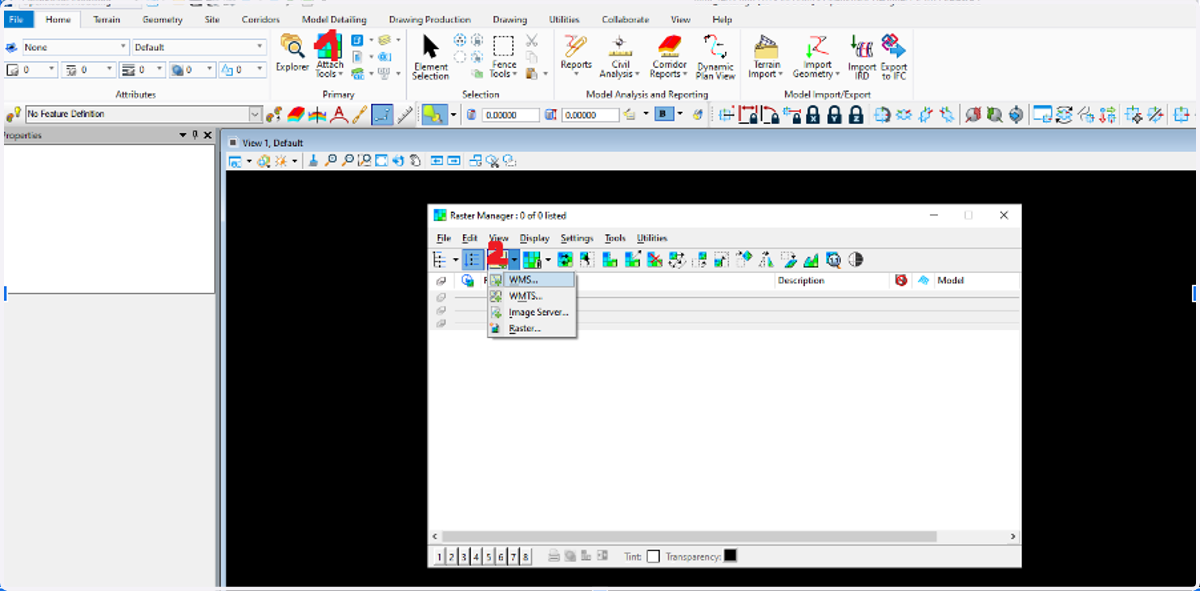 Select WMS option in the raster manager window