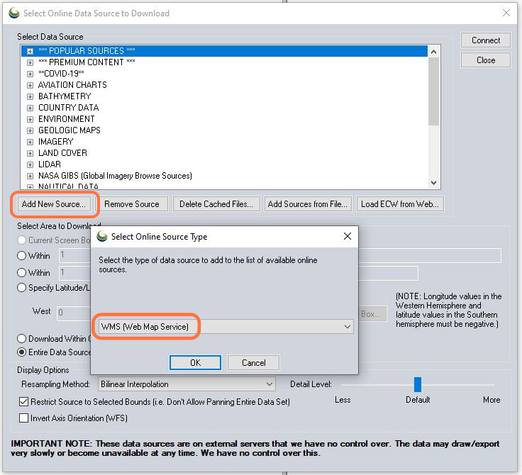 Click "Add New Source..." button, a then select "WMS option from the list and confirm by clicking "OK" button