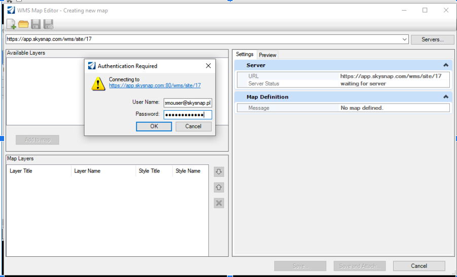 Paste the WMS link to the site (see the beginning of the instructions), then enter the username and password
