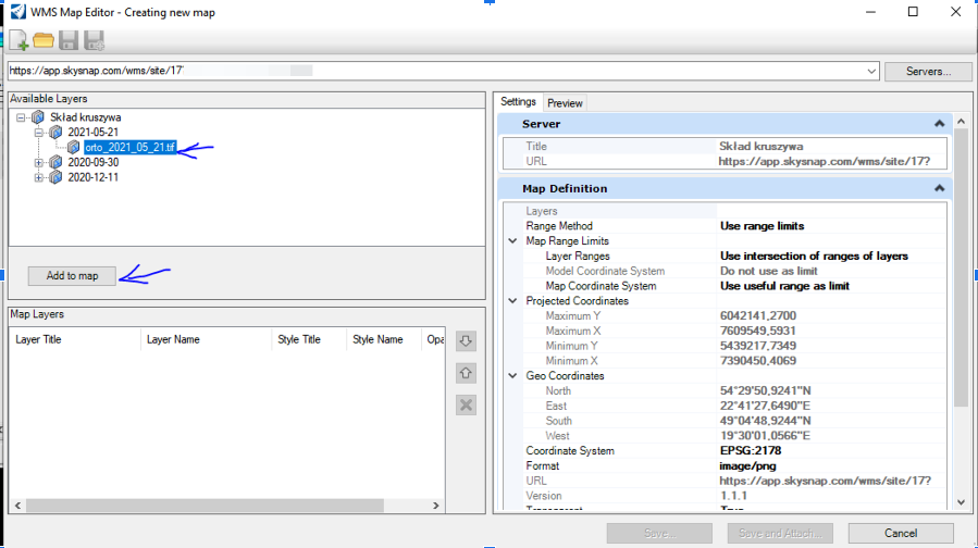 Expand one of dates (projects), select the orthophotomap and then click "Add to map"