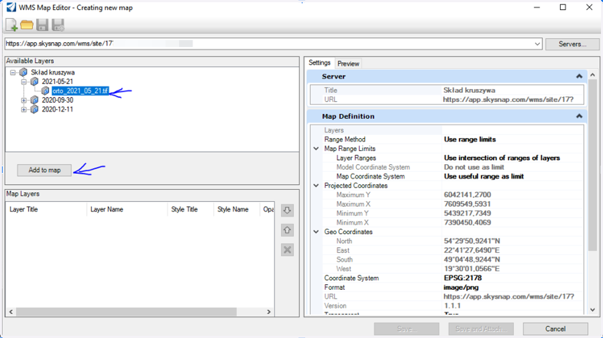 Expand one of dates (projects), select the orthophotomap and then click "Add to map"