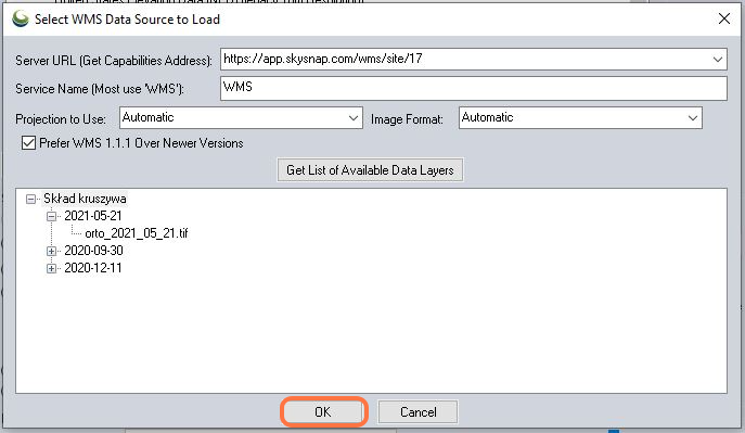 After proper authentication, a list of folders and layers available in a given WMS will appear, confirm with “OK” button
