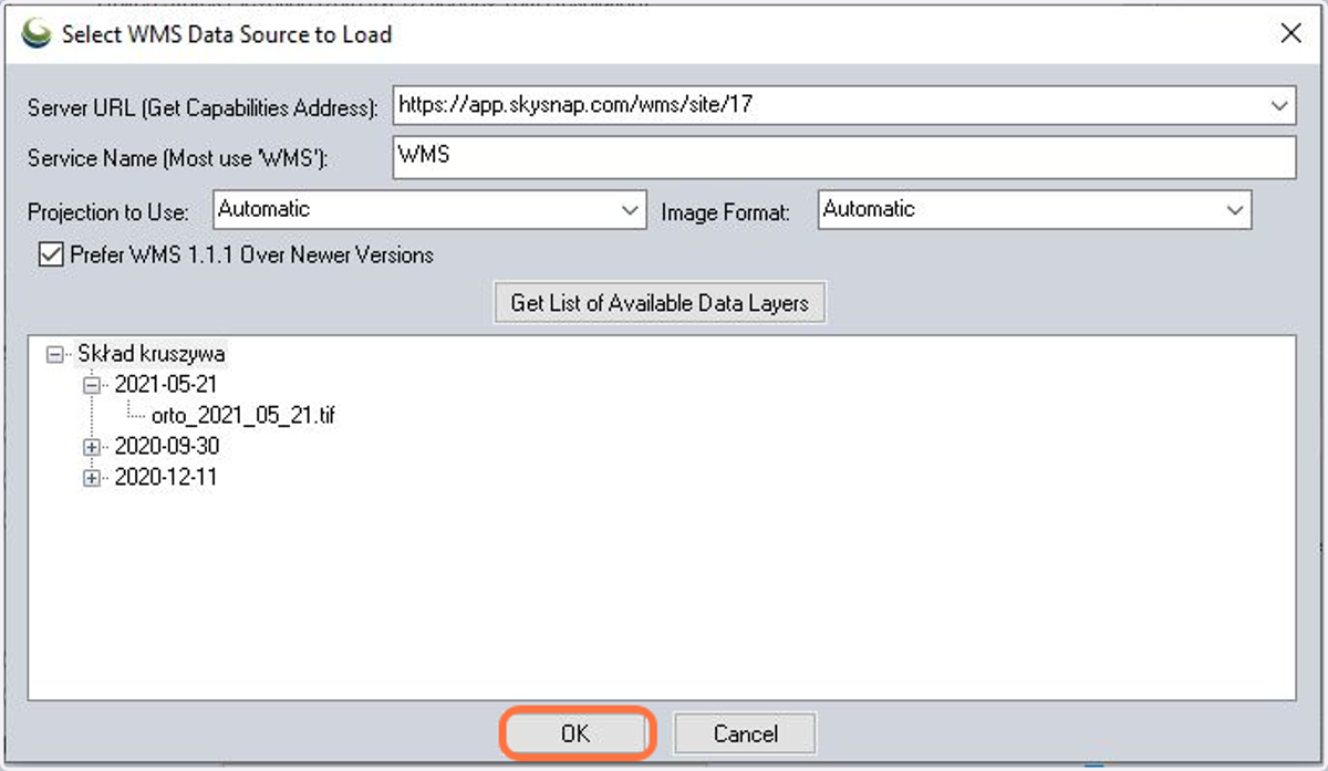 After proper authentication, a list of folders and layers available in a given WMS will appear, confirm with “OK” button