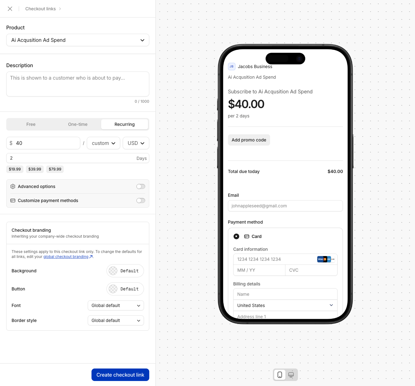 Click on Create checkout link