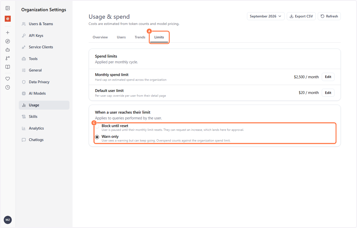 A. Click on Limits B. Select an option C. Select an option