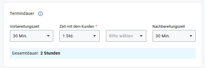 Unten wird die Gesamtdauer angegeben, einschließlich der Vor- und Nachlaufzeiten