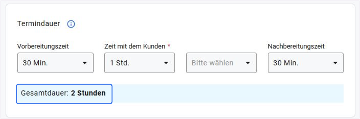 Unten wird die Gesamtdauer angegeben, einschließlich der Vor- und Nachlaufzeiten