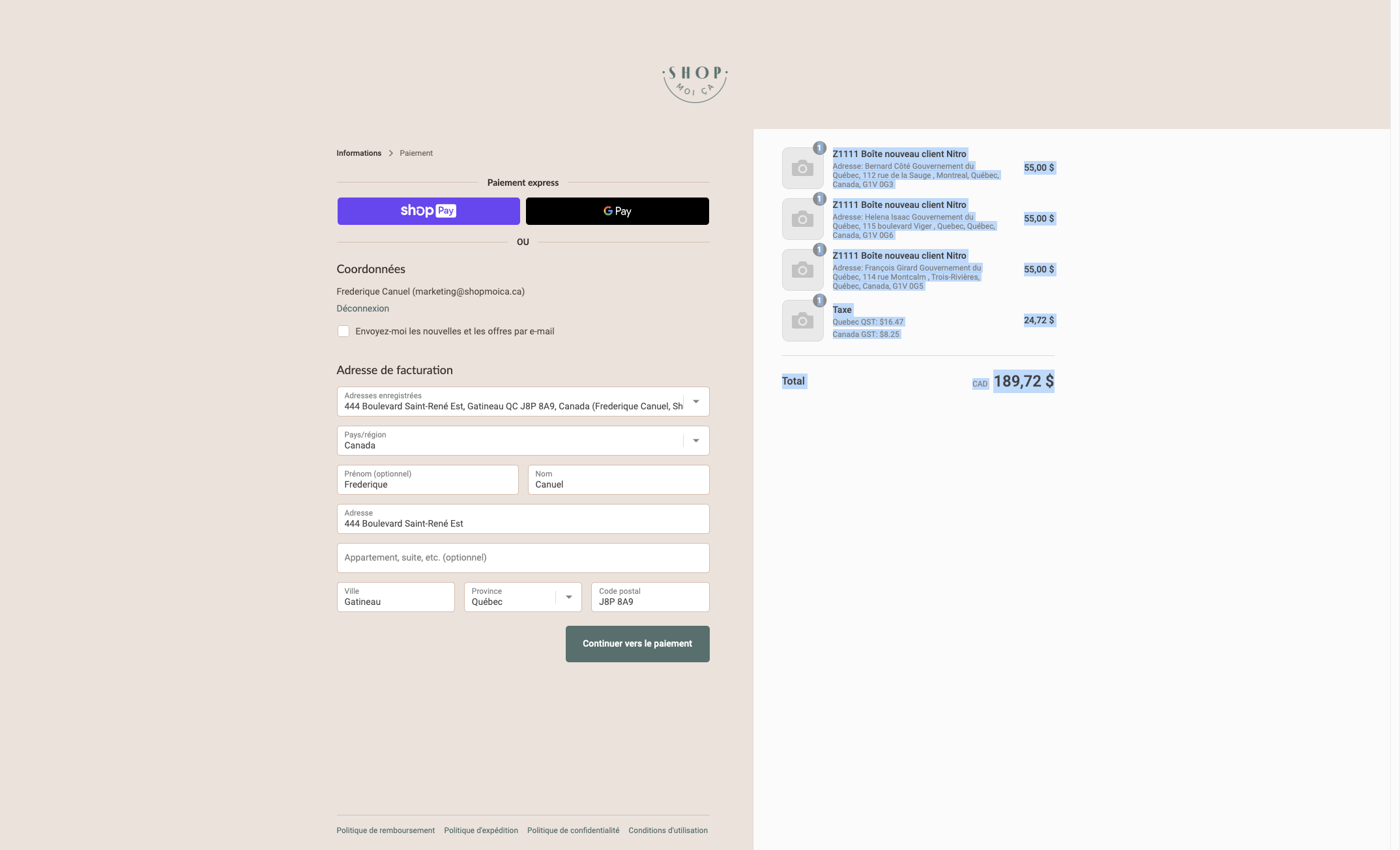 Vérifier les informations de la commande à droite avant de passer aux options de paiement