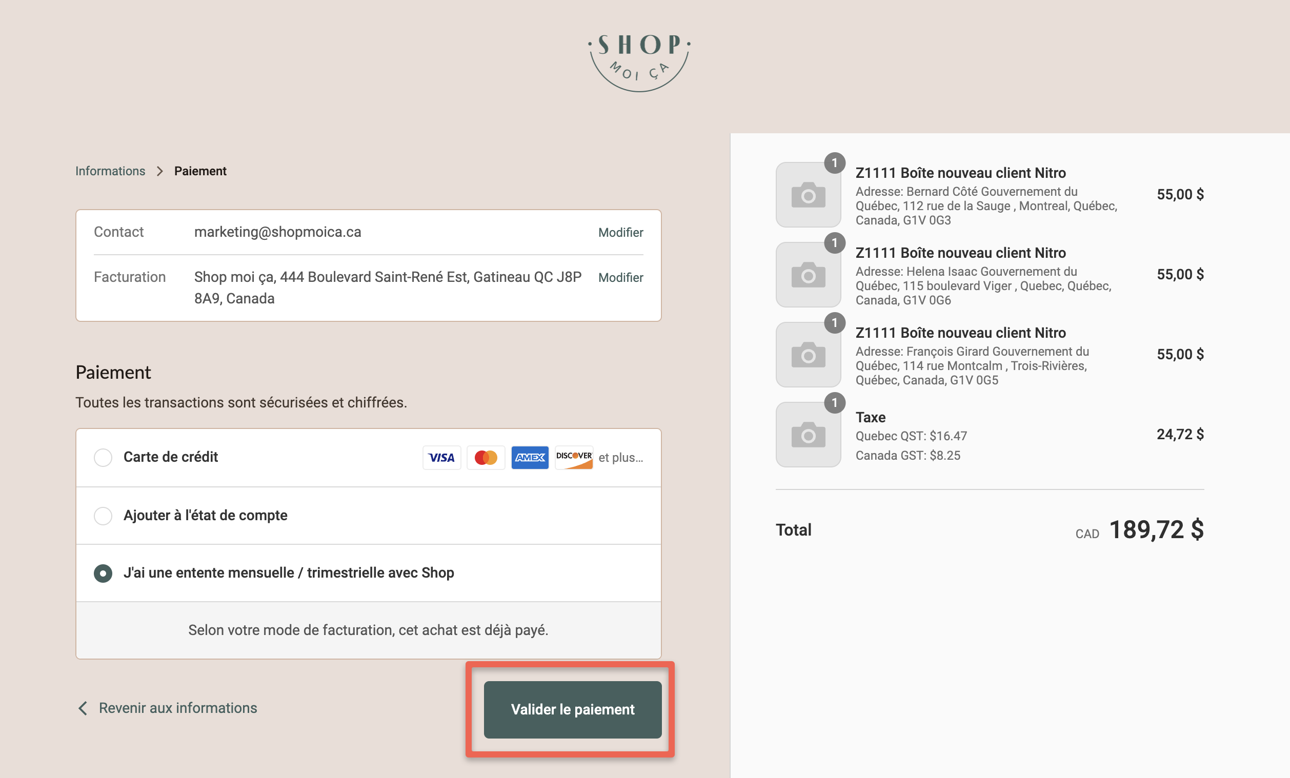Cliquer sur "Valider le paiement" pour terminer la commande.