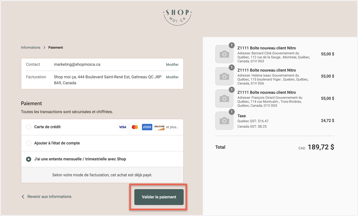 Cliquer sur "Valider le paiement" pour terminer la commande.