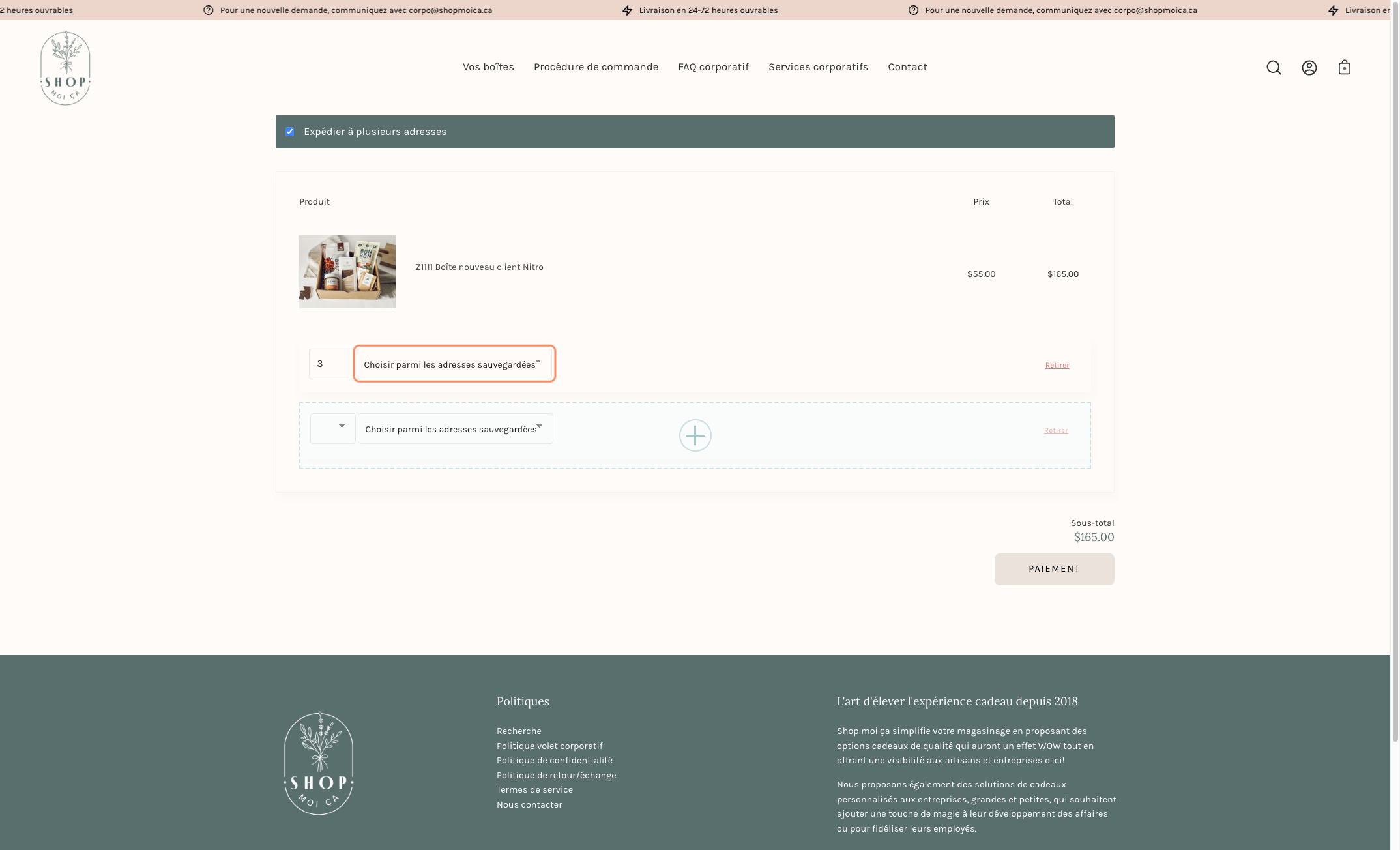 Ajuster la quantité par destinataire et sélectionner l'adresse d'expédition correspondante pour chaque destinataire