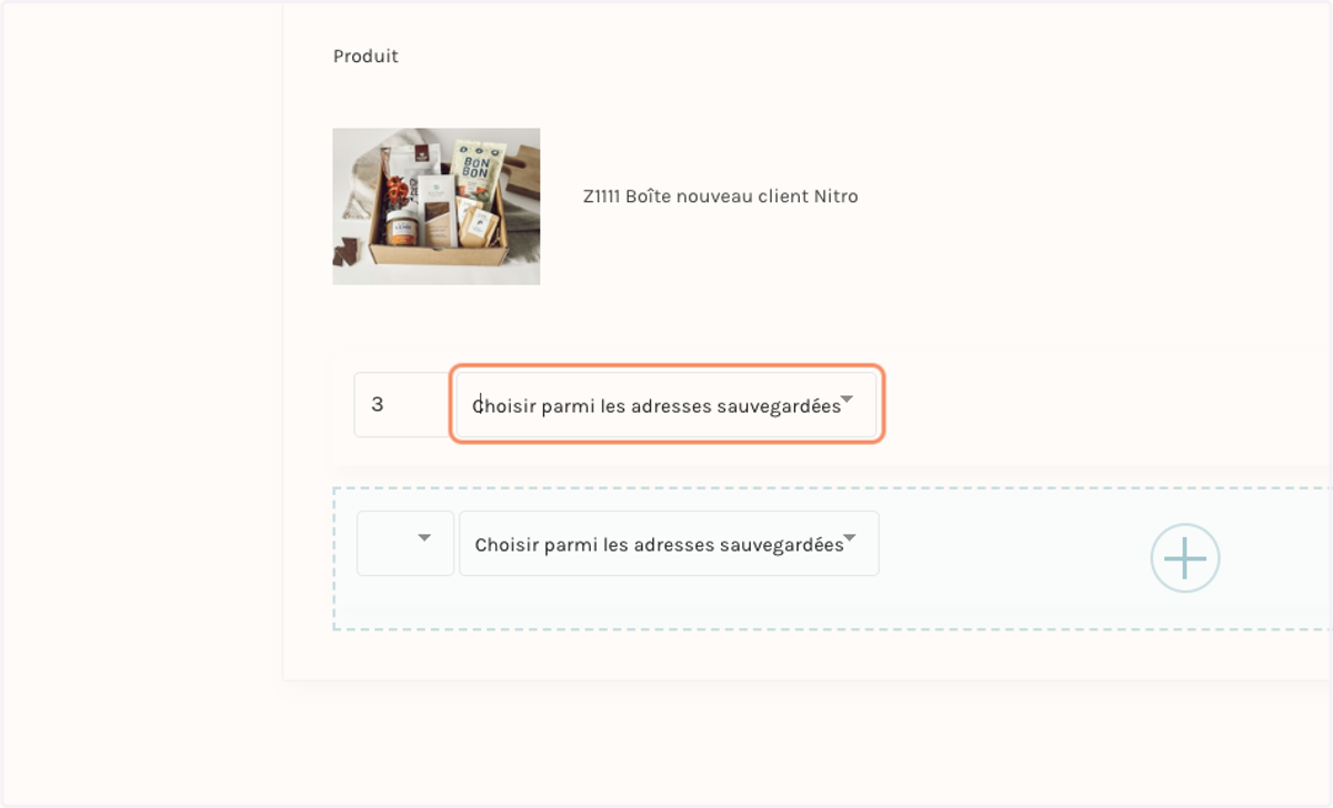 Ajuster la quantité par destinataire et sélectionner l'adresse d'expédition correspondante pour chaque destinataire