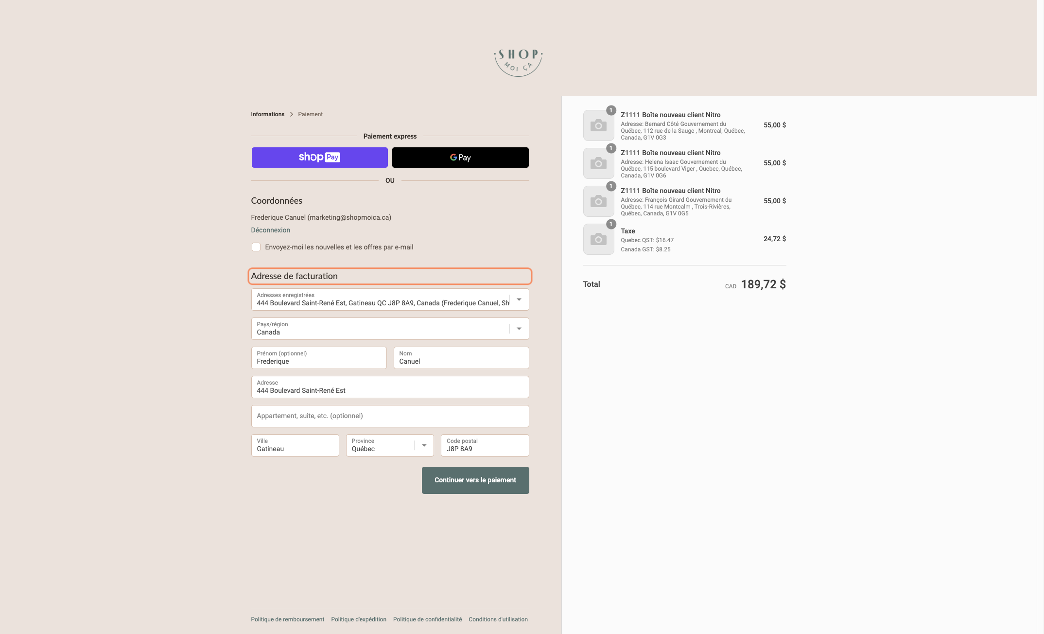 Compléter ou sélectionner l'Adresse de facturation