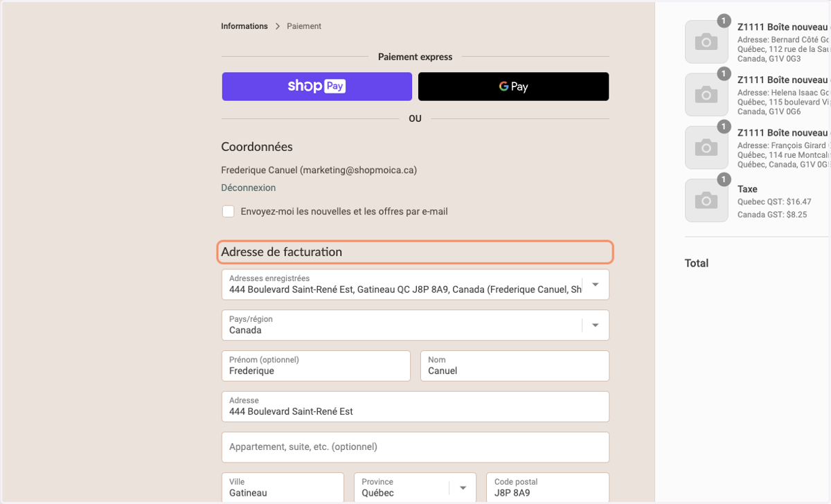 Compléter ou sélectionner l'Adresse de facturation
