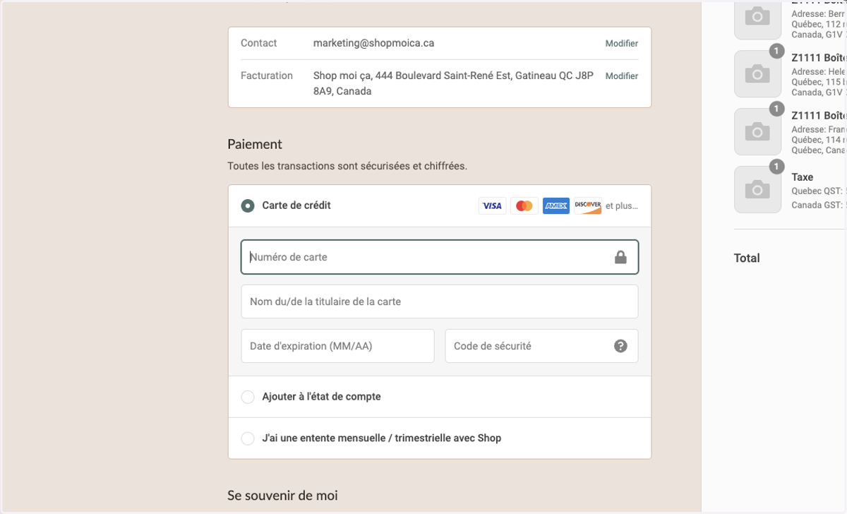 OPTION #1: Sélectionner Carte de crédit si commande à la pièce (sans entente de volume confirmé)