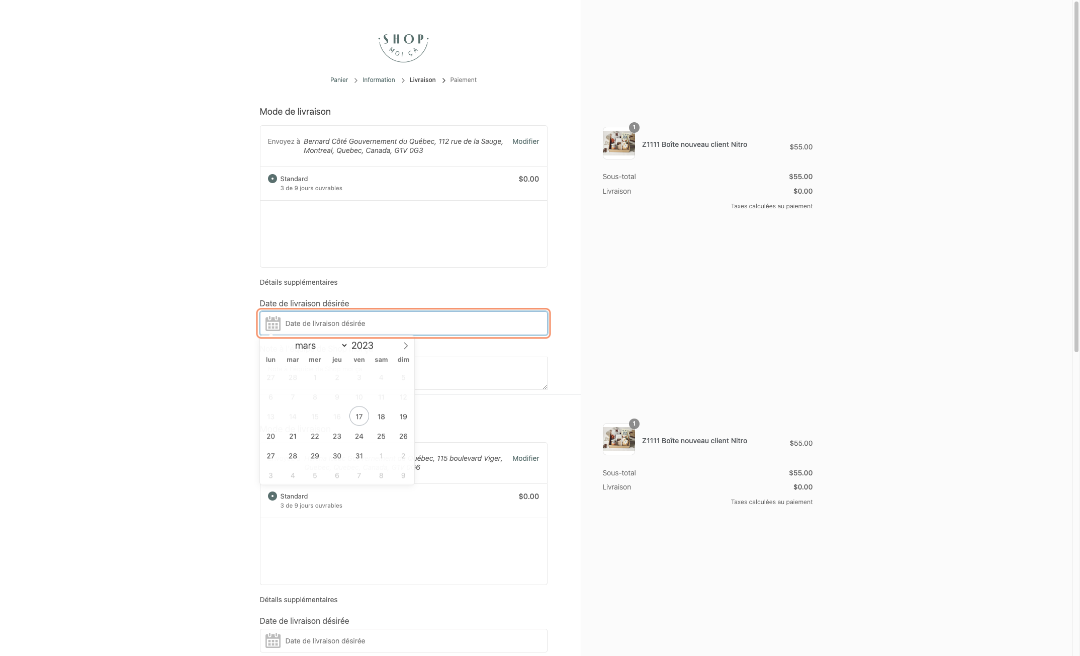Pour chaque boîte et destinataire, cliquer pour déterminer la "Date de livraison désirée"