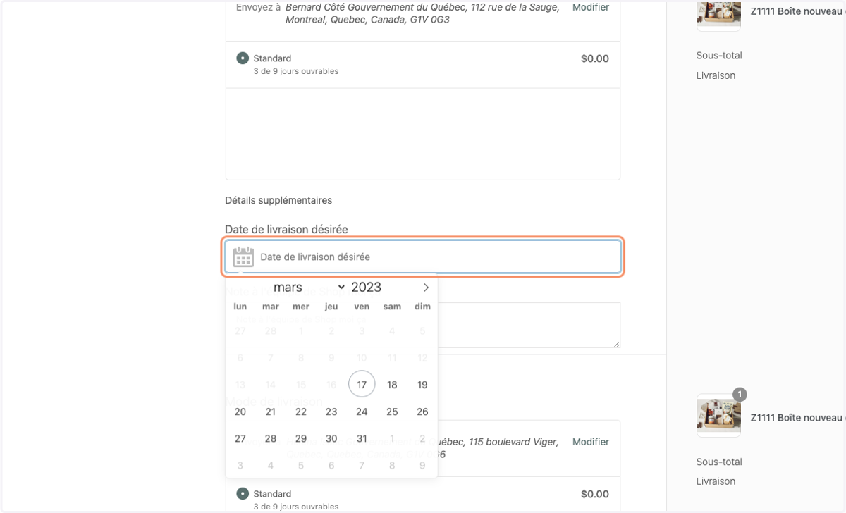 Pour chaque boîte et destinataire, cliquer pour déterminer la "Date de livraison désirée"
