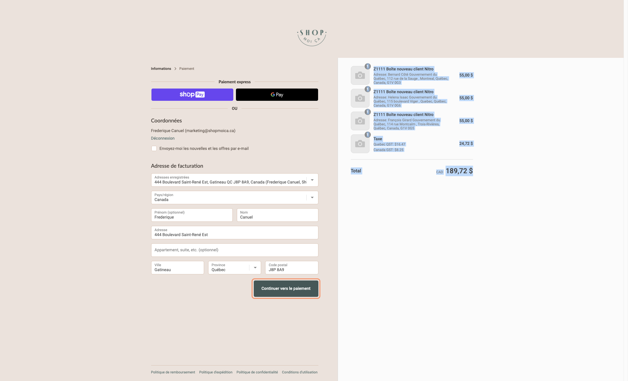 Cliquer sur Continuer vers le paiement