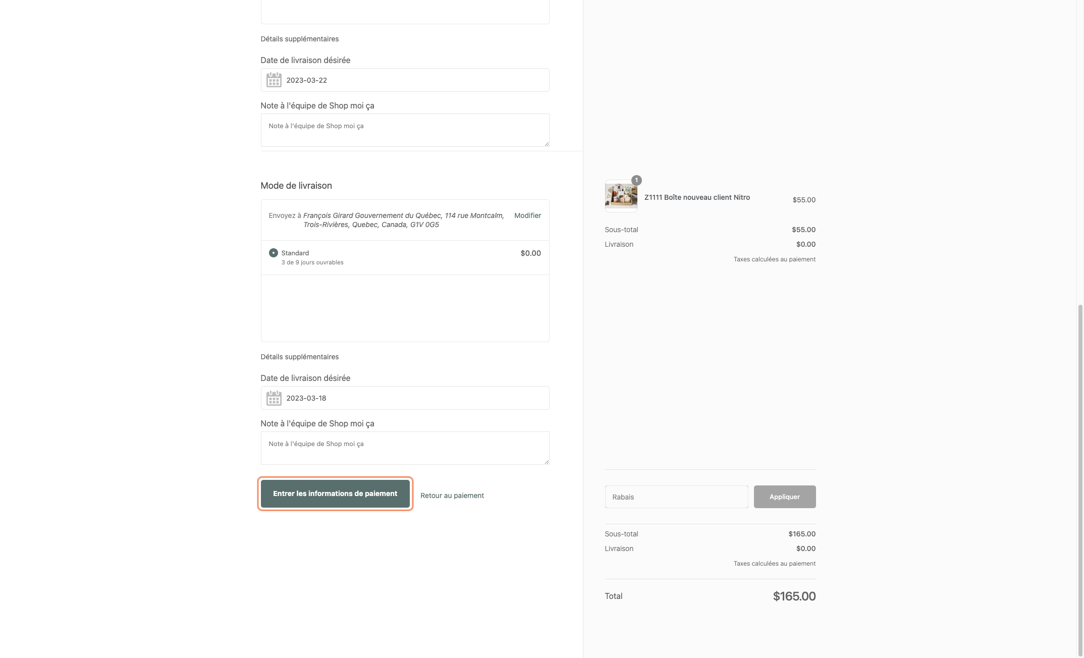Une fois toutes les boîtes, destinataires et dates confirmées, Cliquer sur "Entrer les informations de paiement"
