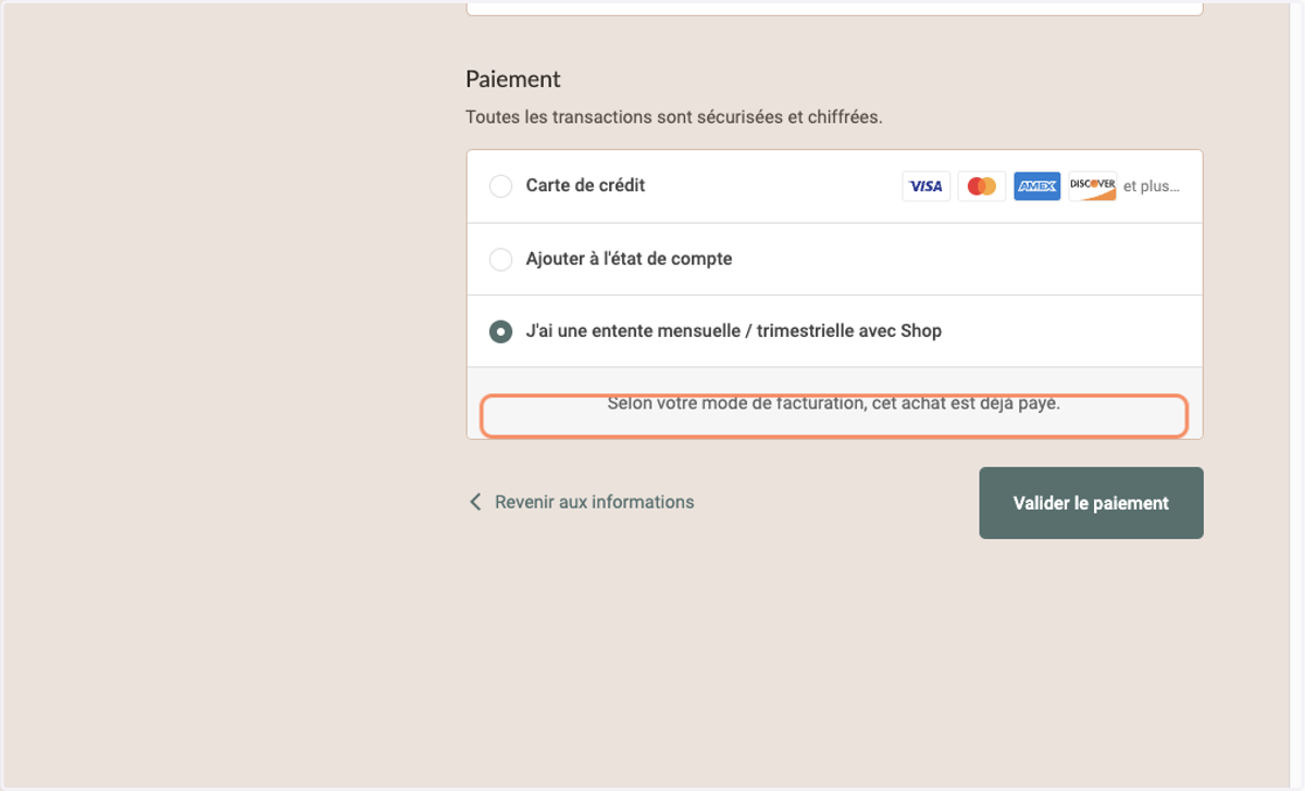 OPTION #3: Sélectionner "J'ai une entente prépayée avec Shop" si vos boîtes sont prépayées