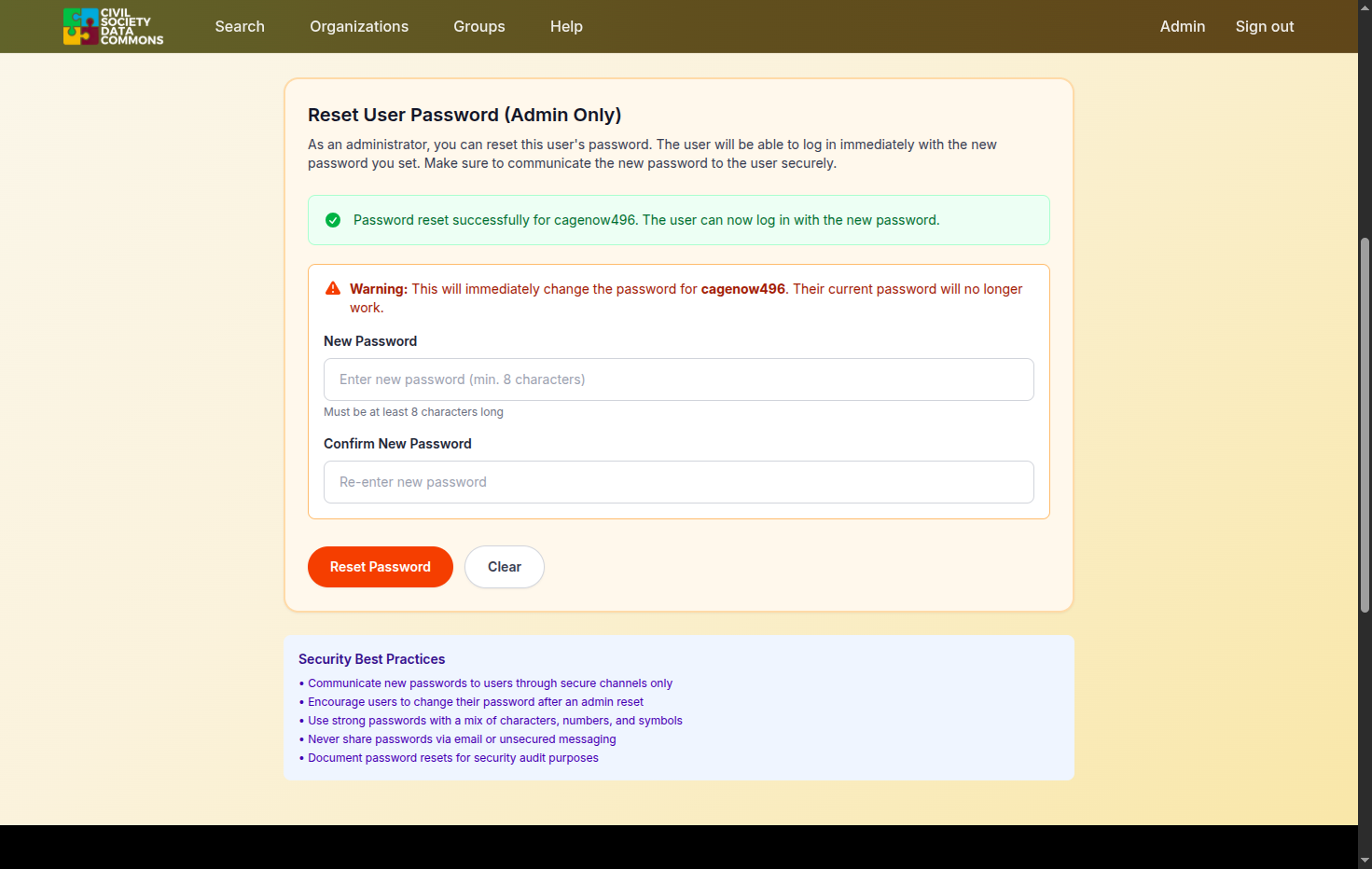 The password has been successfully reset for this user