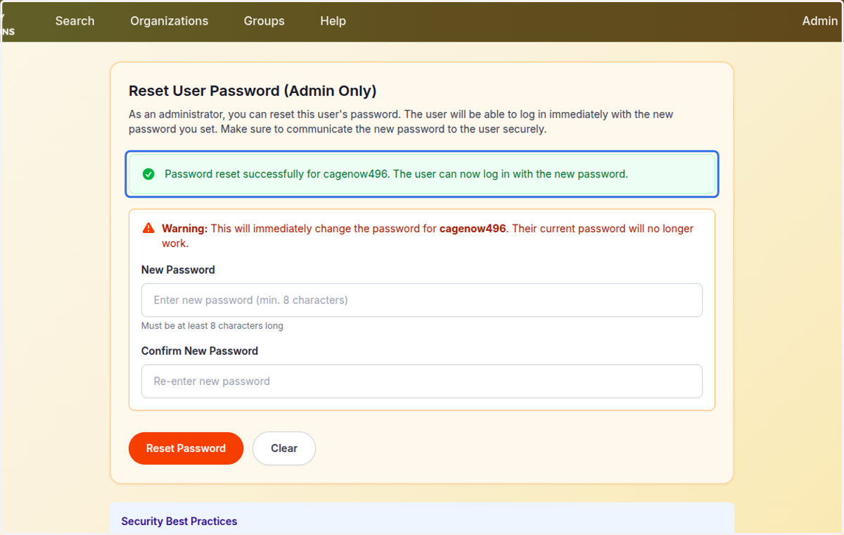 The password has been successfully reset for this user