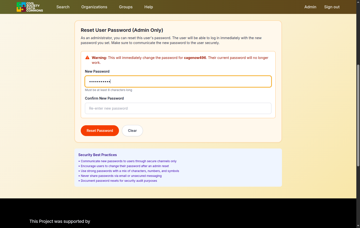 Type in the new password to reset to