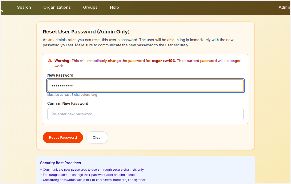 Type in the new password to reset to