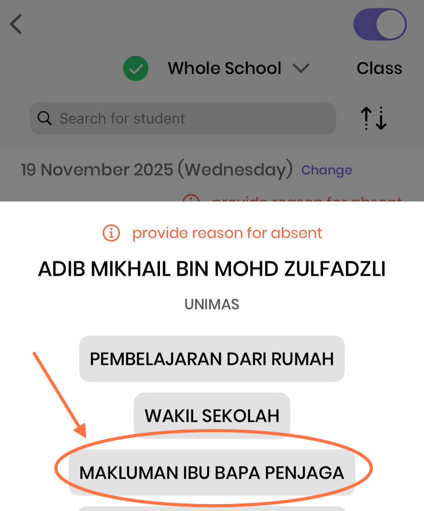 Kemudian pilih sebab ketidakhadiran pada paparan.