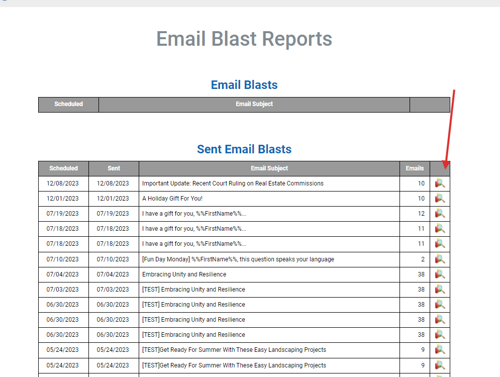 Click on the magnifing glass icon to view the analytics for a particular email