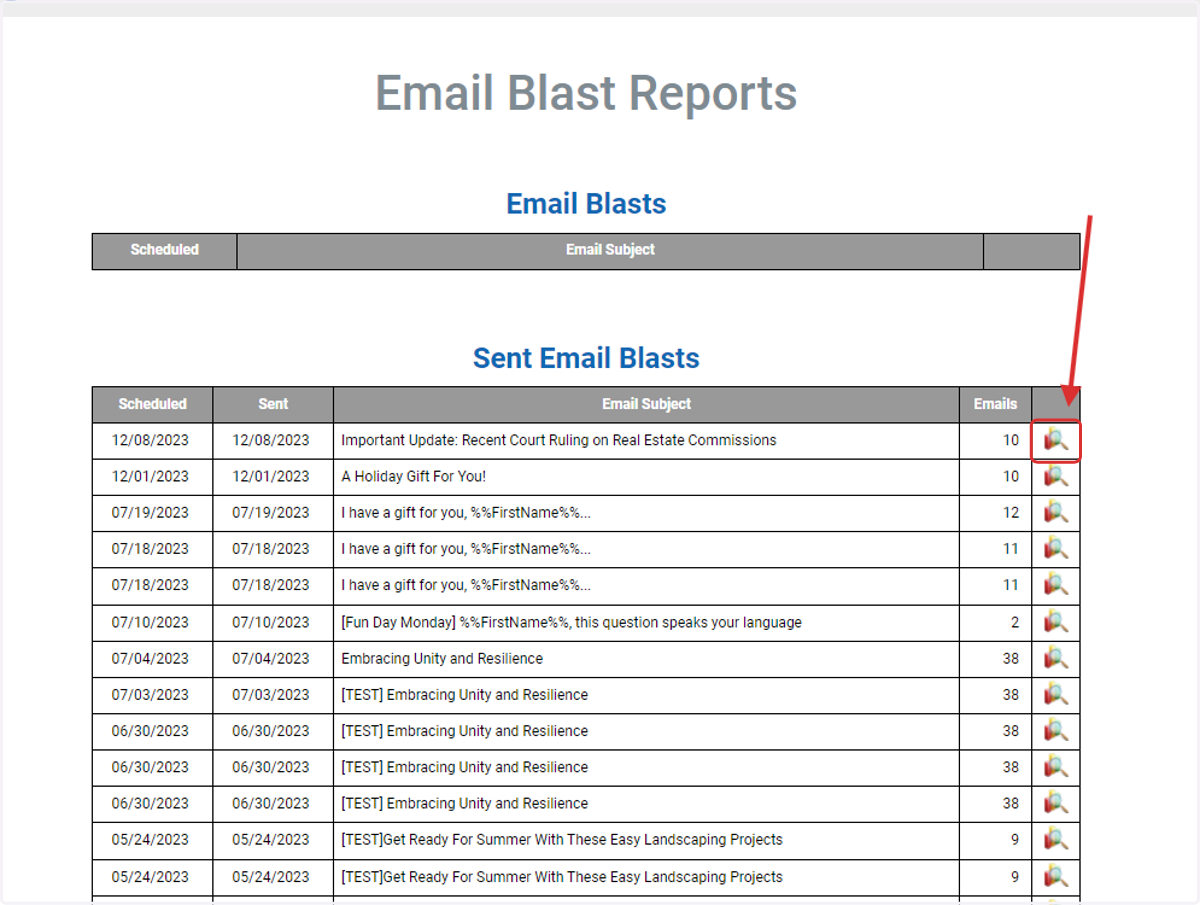 Click on the magnifing glass icon to view the analytics for a particular email