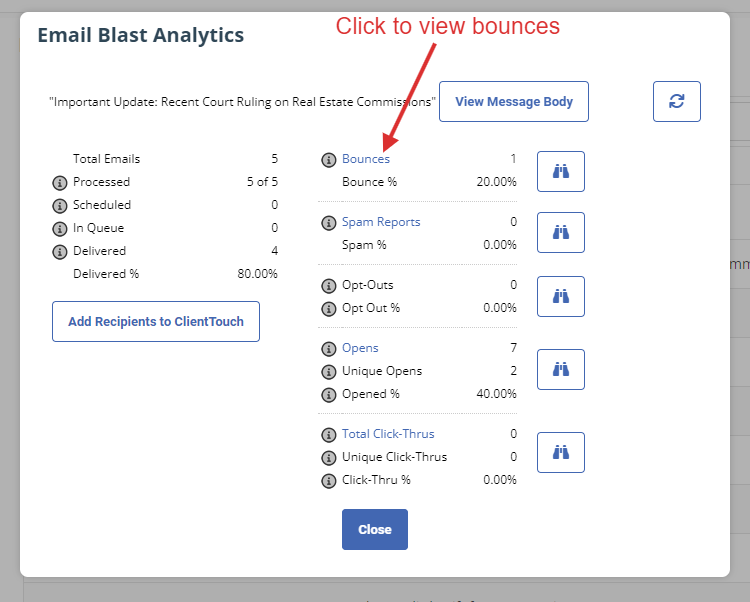 To view a specific group, like bounces, click on the blue link.