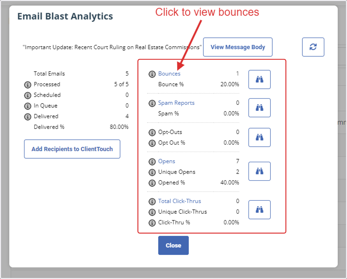 To view a specific group, like bounces, click on the blue link.
