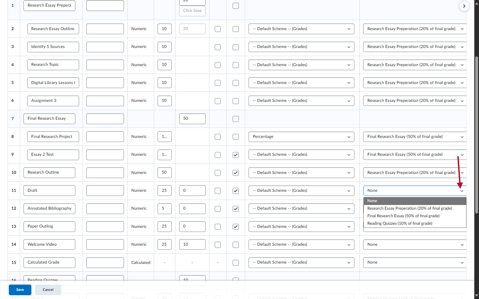 Change the categories for any needed assignments