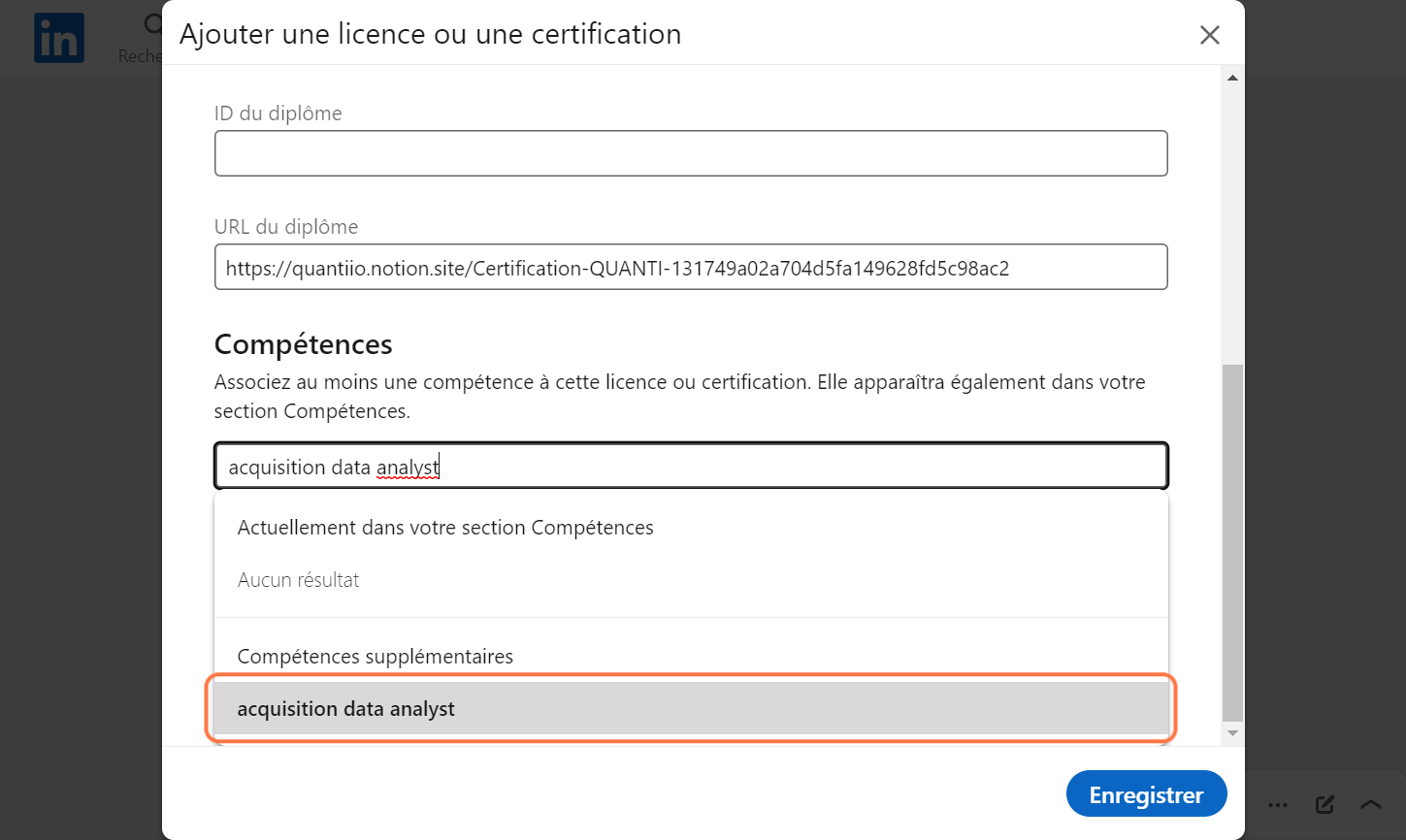Choisissez la compétence dans le menu déroulant