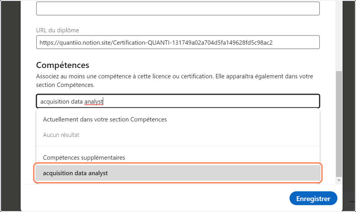 Choisissez la compétence dans le menu déroulant