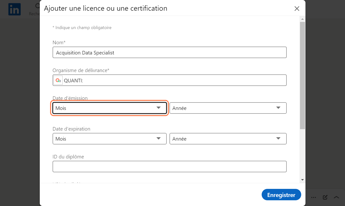 Cliquez sur "Mois" dans Mois : Date d’émission"