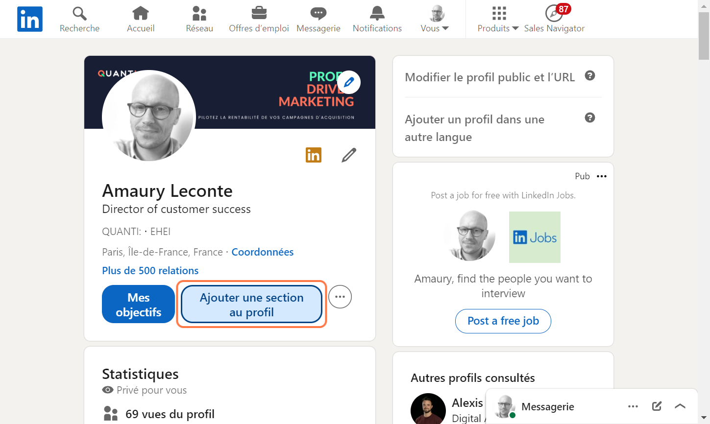 Cliquez sur "Ajouter une section au profil"